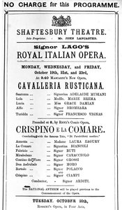 シャフツベリーシアター、1891年に &39;Cavalleria Rusticana&39;と &39;Crispino e la Comare&39;のパフォーマンスを宣伝するPlaybill（印刷紙） 作： English School